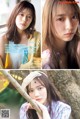 A collage of photos of a young woman with long hair.